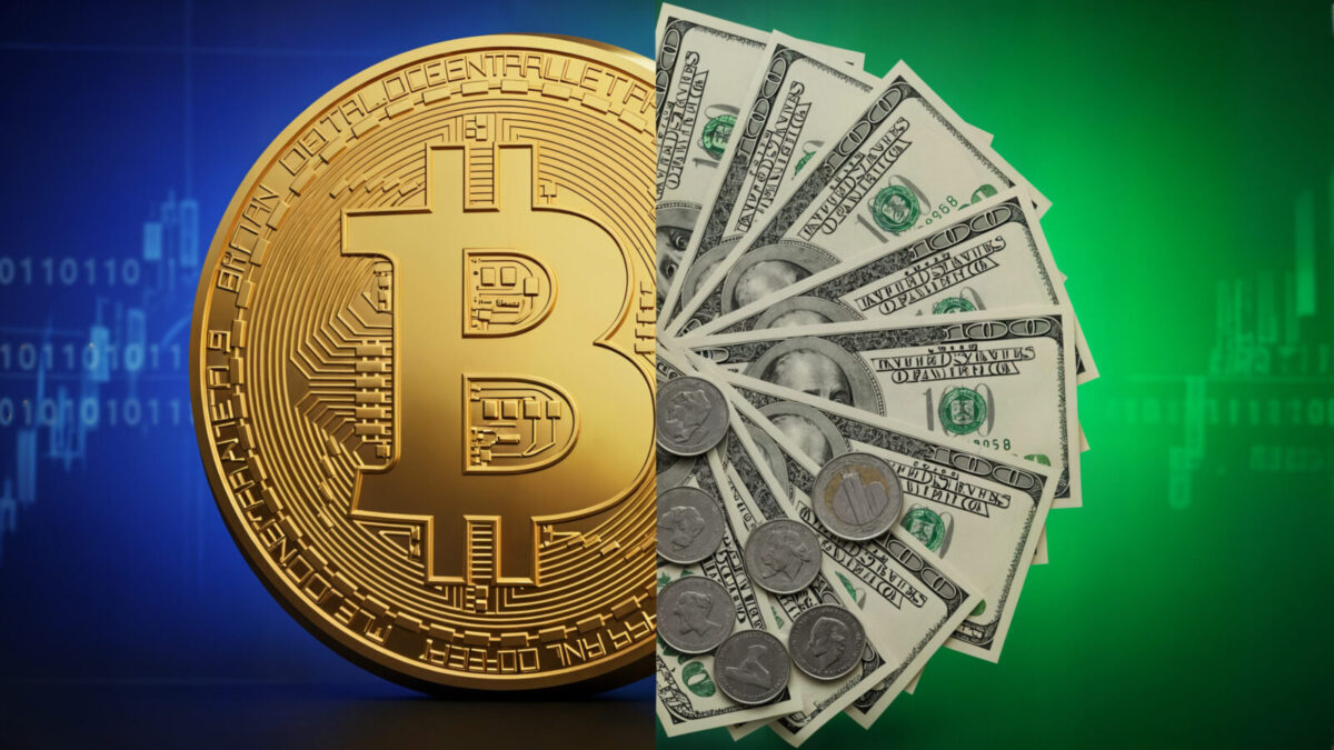 Bitcoin vs cash concept image (premium dark background)