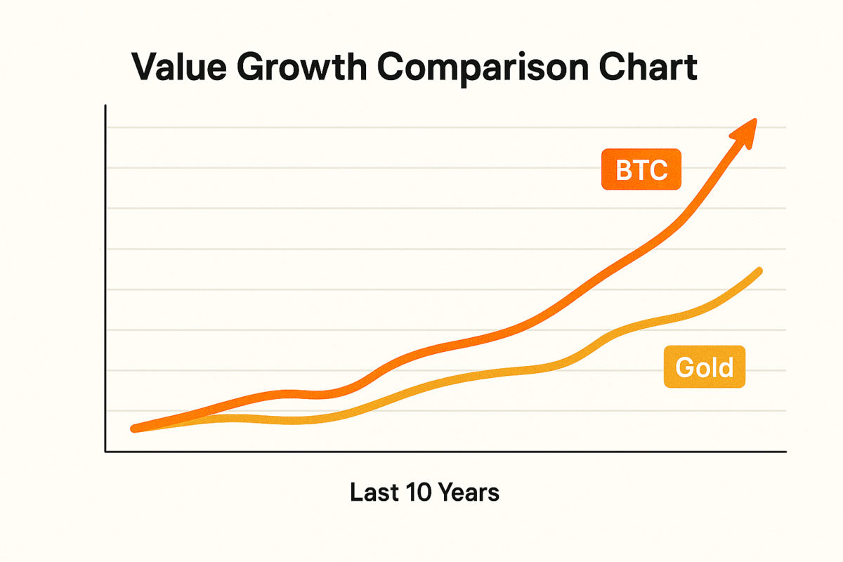 Value growth comparison of Bitcoin versus gold over time