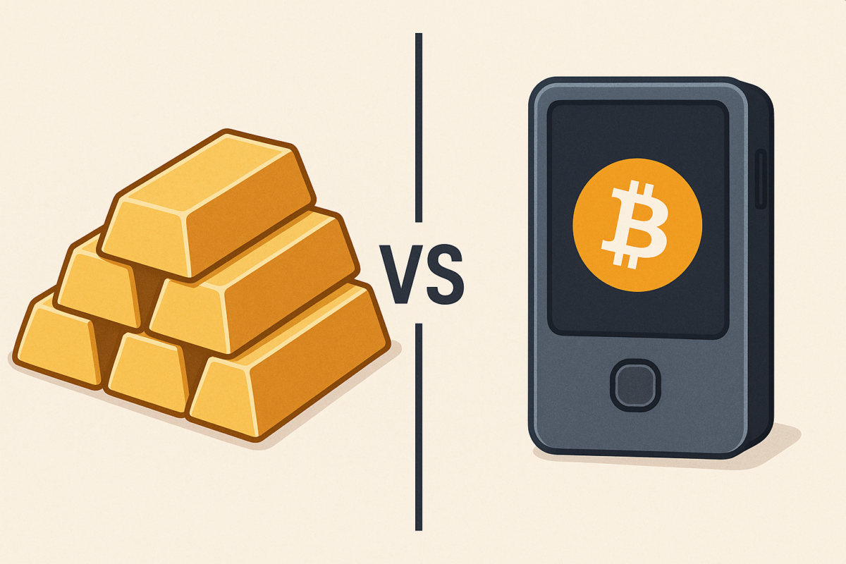 Gold bars compared with a hardware wallet for Bitcoin self-custody