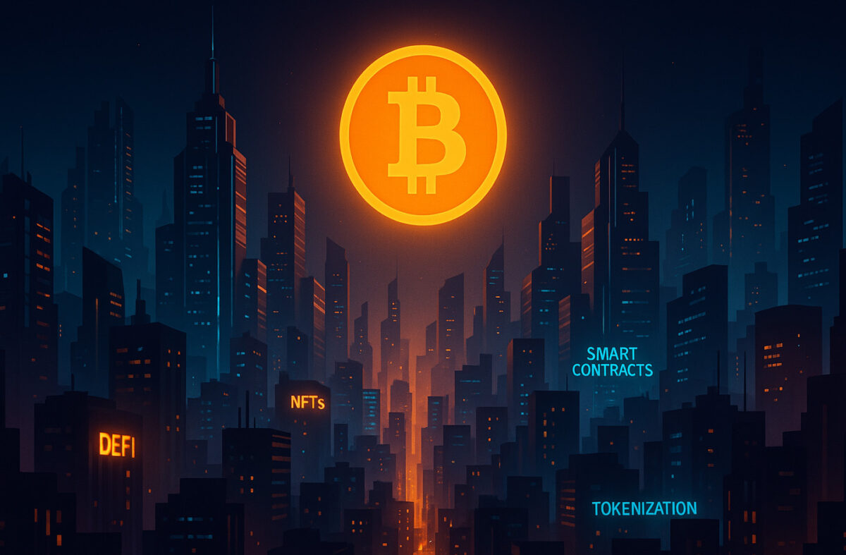 Futuristic cityscape symbolizing blockchain ripple effects: DeFi, NFTs, smart contracts, tokenization