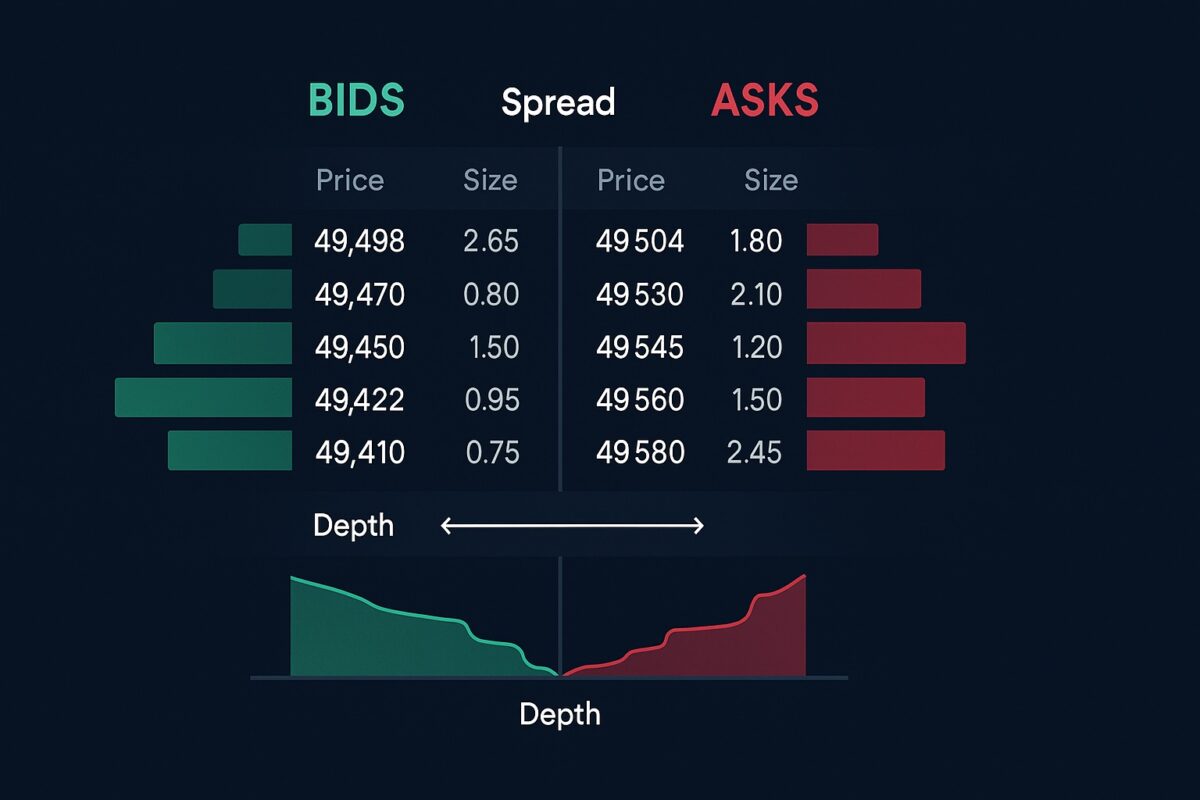 Order book snapshot highlighting best bid, best ask, bid–ask spread and depth