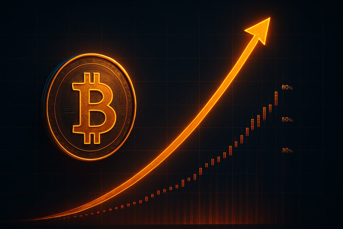 Futuristic Bitcoin hero with long-term upward momentum