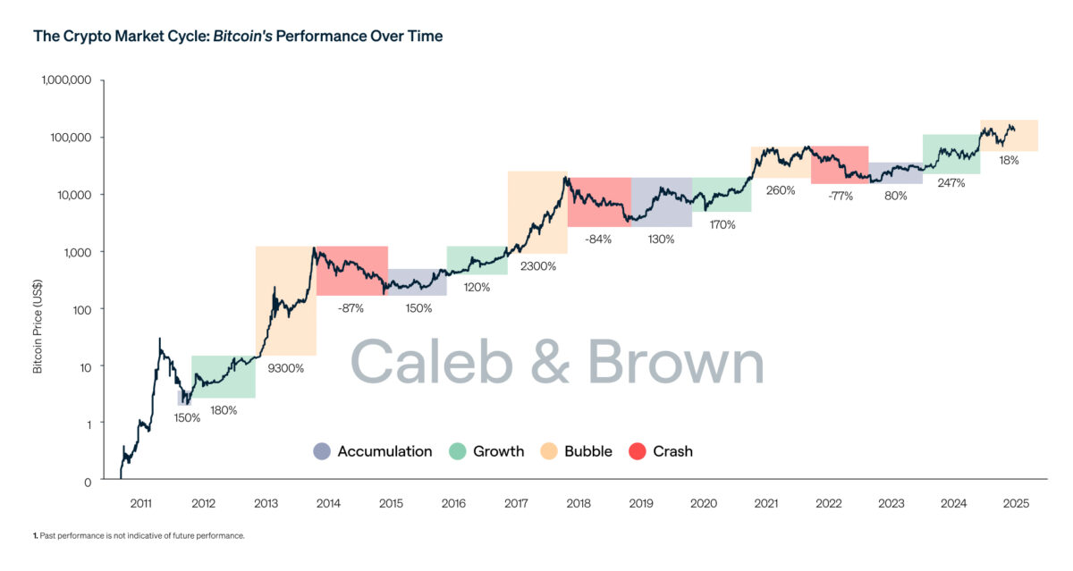 Bitcoin historical cycles with gains and drawdowns