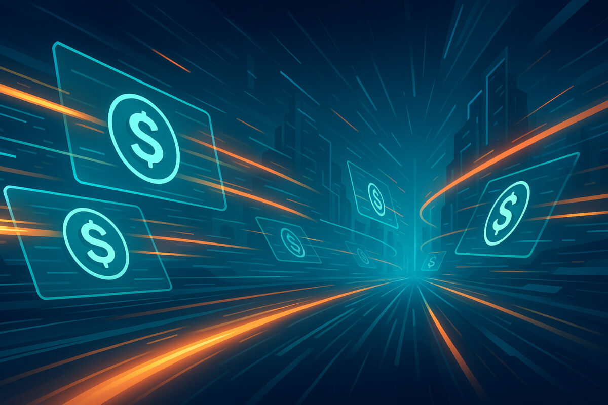 Futuristic illustration showing stablecoins as digital dollars moving across a network