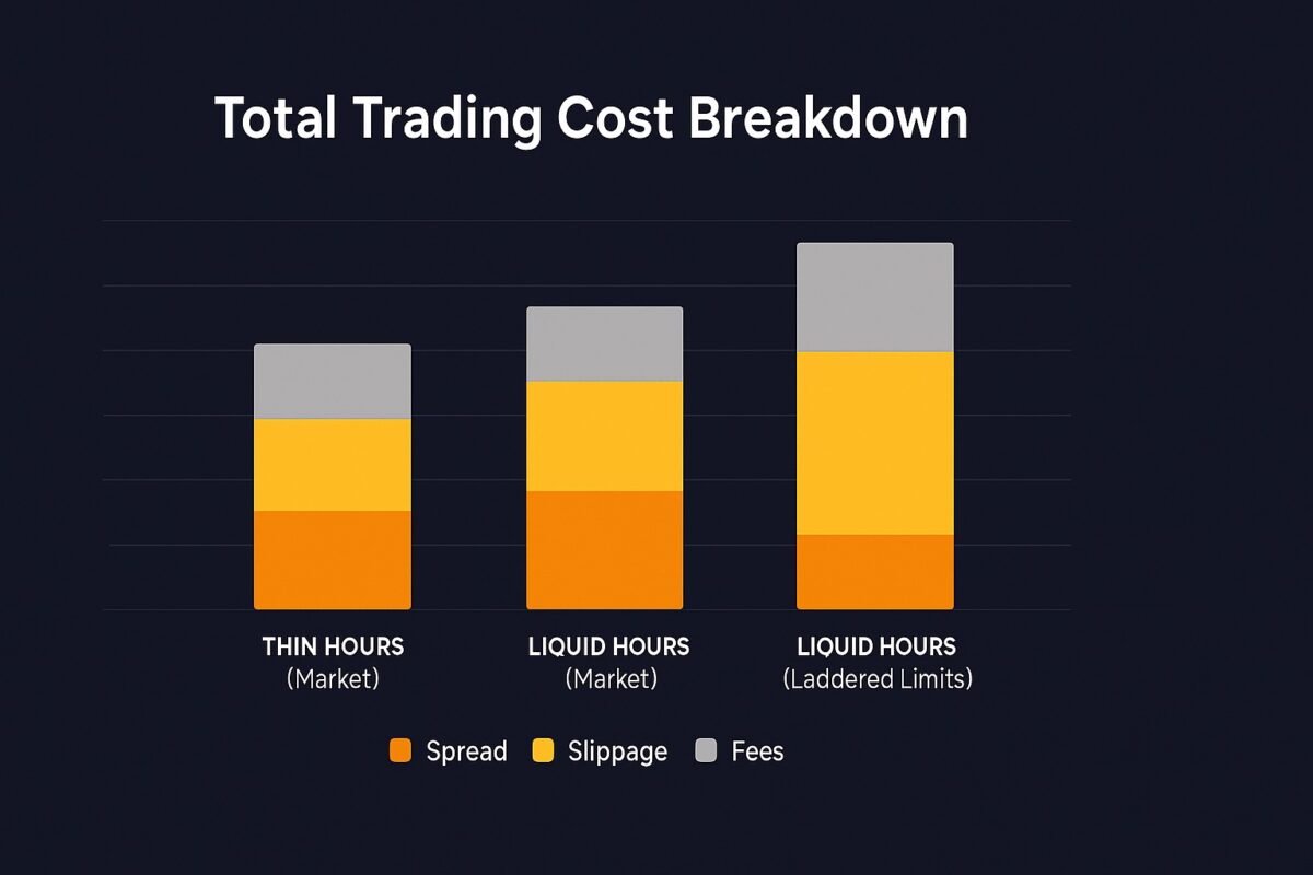 Stacked contribution of spread, slippage and fees to total trading cost