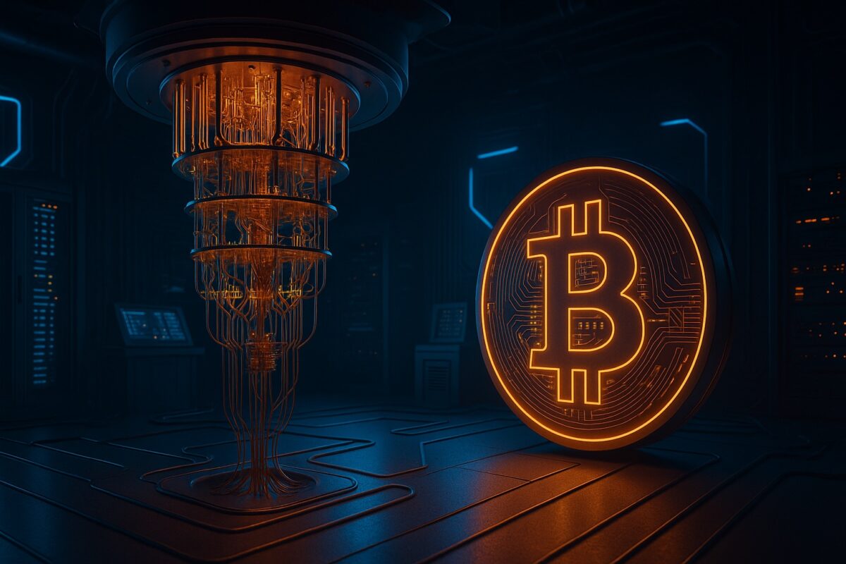 Futuristic quantum-computing scene with a subtle Bitcoin motif (no text)