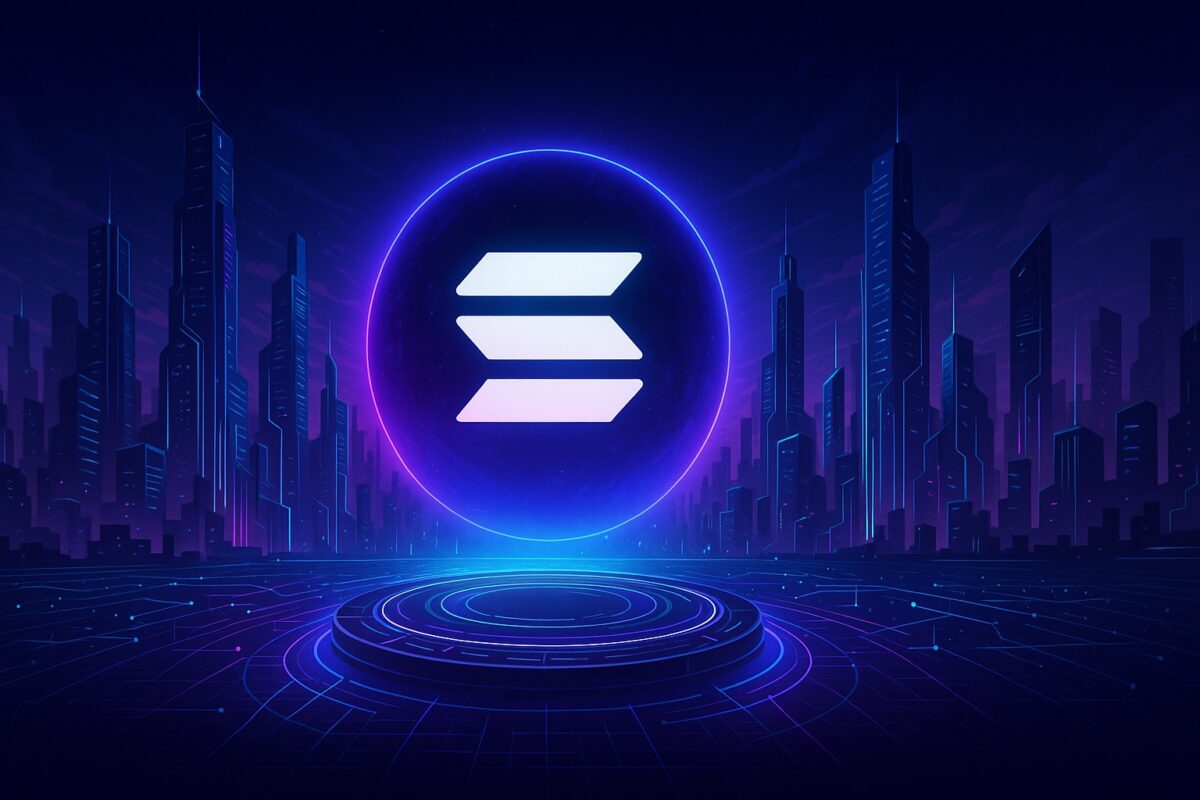 Solana logo hovering over a futuristic crypto world; neon skyline with network grid, wide safe margins