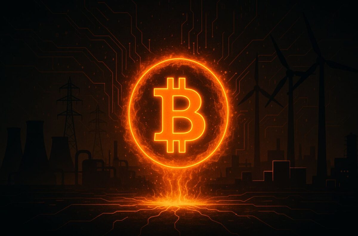 Futuristic Bitcoin energy concept with glowing Bitcoin symbol and power infrastructure