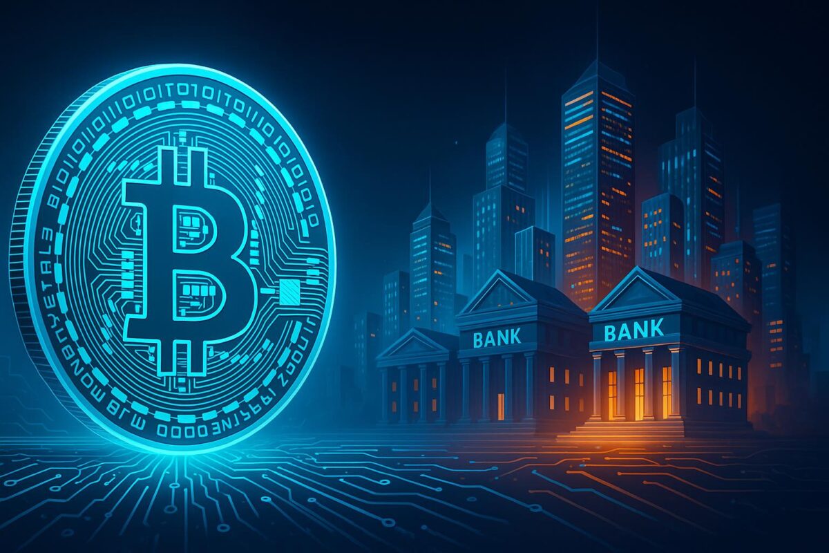 Bitcoin vs Banks futuristic illustration of digital coin and city skyline