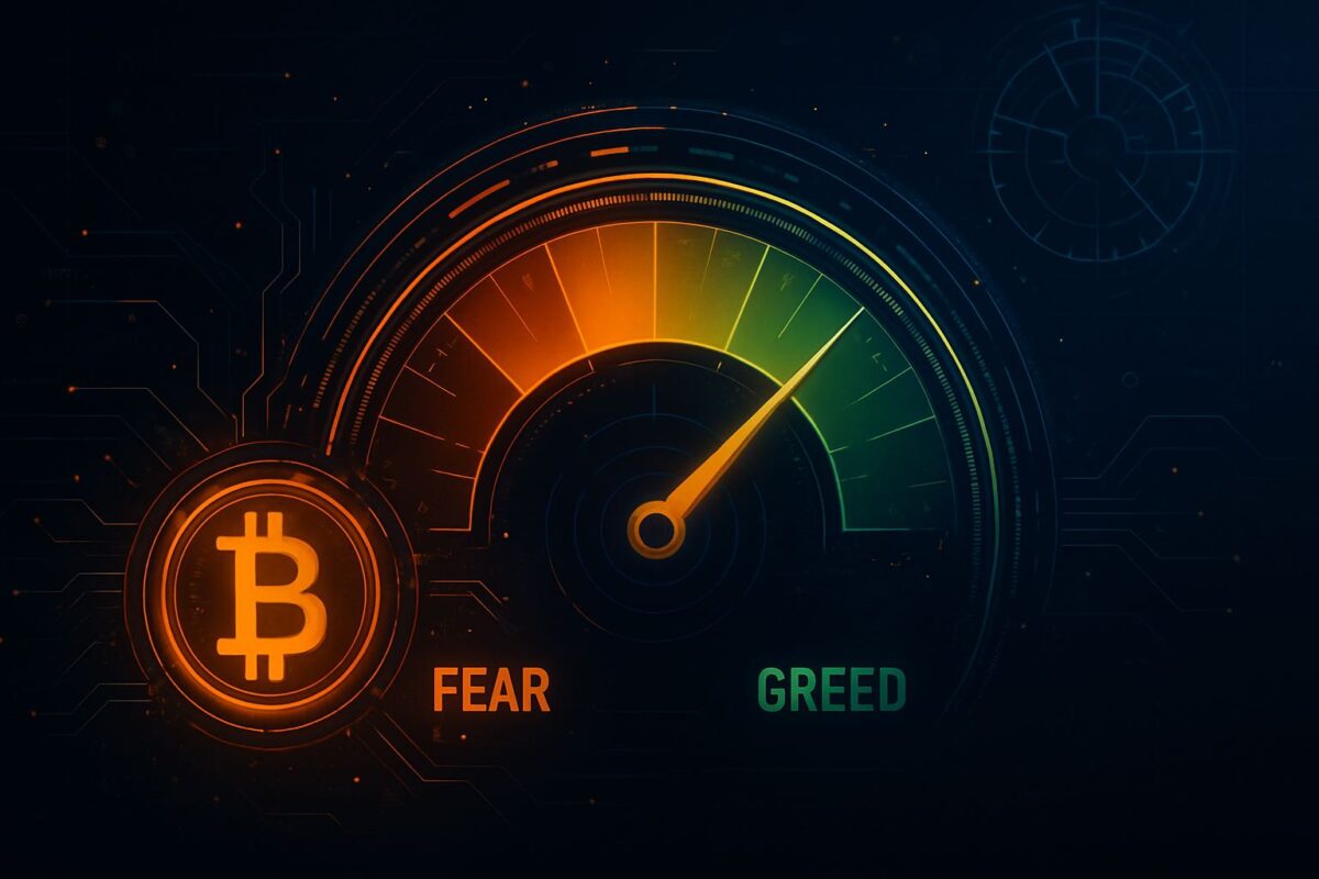 crypto fear and greed index gauge with futuristic dashboard
