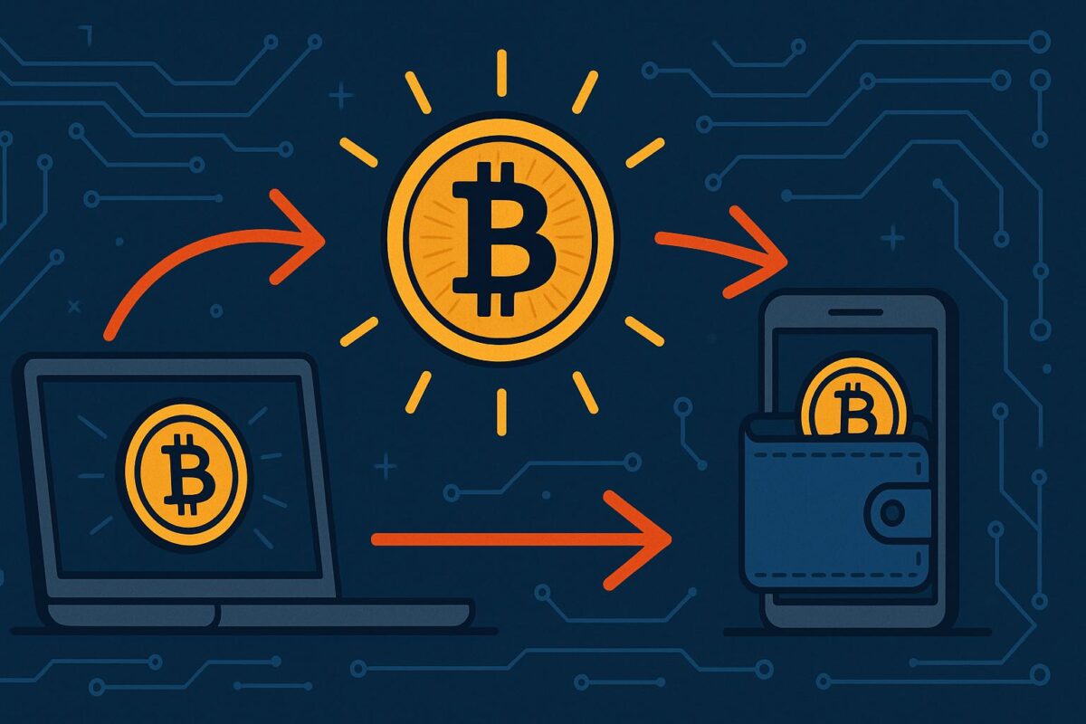 Illustration showing how Bitcoin transactions move between wallets over the network