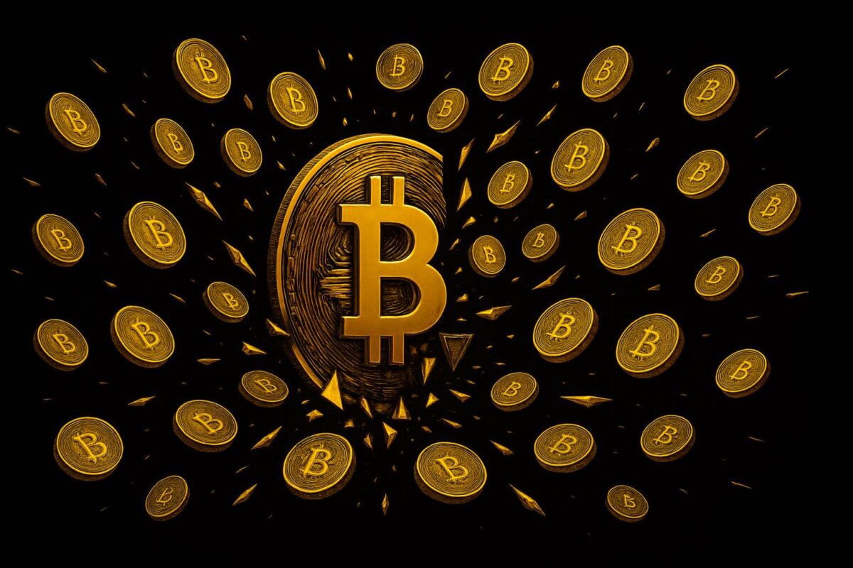 How many times you can divide a Bitcoin over a futuristic Bitcoin background