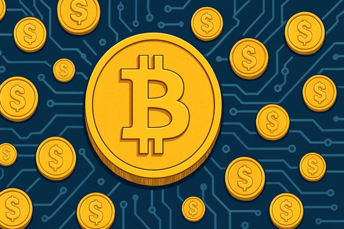 Abstract Bitcoin artwork showing satoshis, the smallest units of Bitcoin