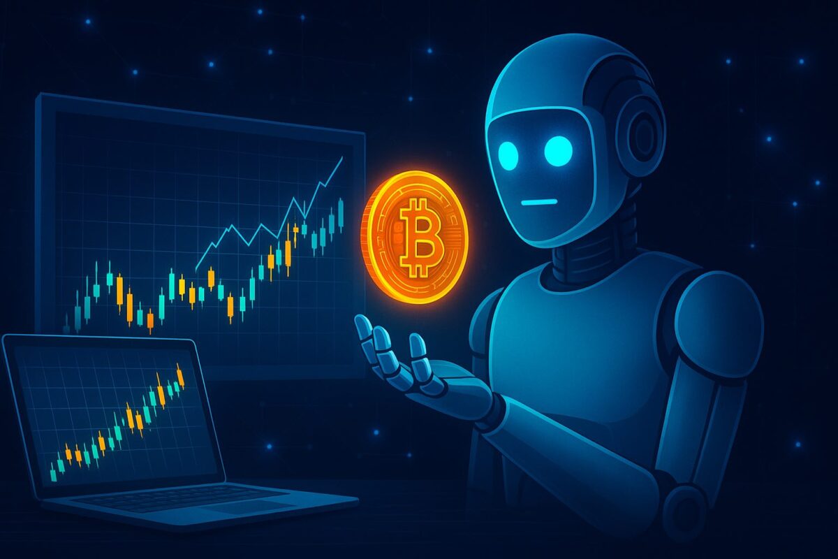 AI trading bots visual with robot and Bitcoin charts