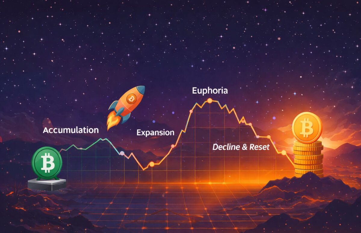 Bitcoin market cycles illustrated as a repeating wave pattern of price movements