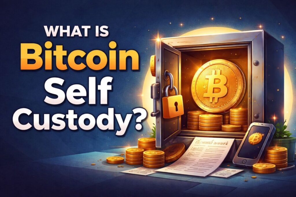 Illustration of Bitcoin self-custody with a secure safe, Bitcoin coins, and a security shield representing how beginners protect their own Bitcoin keys.