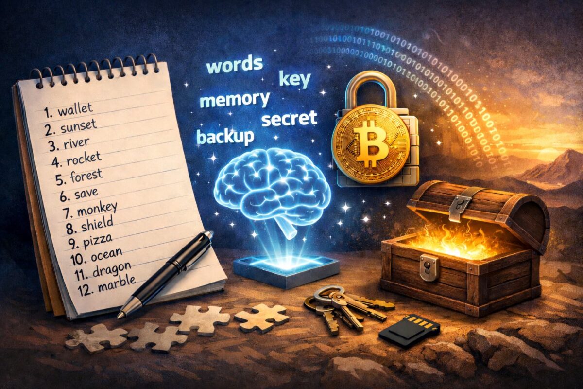 Bitcoin seed phrase concept illustration showing notebook backup words and security theme