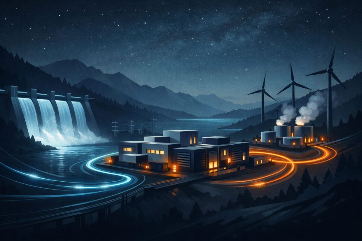 Illustration of renewable-powered Bitcoin mining facility using hydro, wind and geothermal energy at night