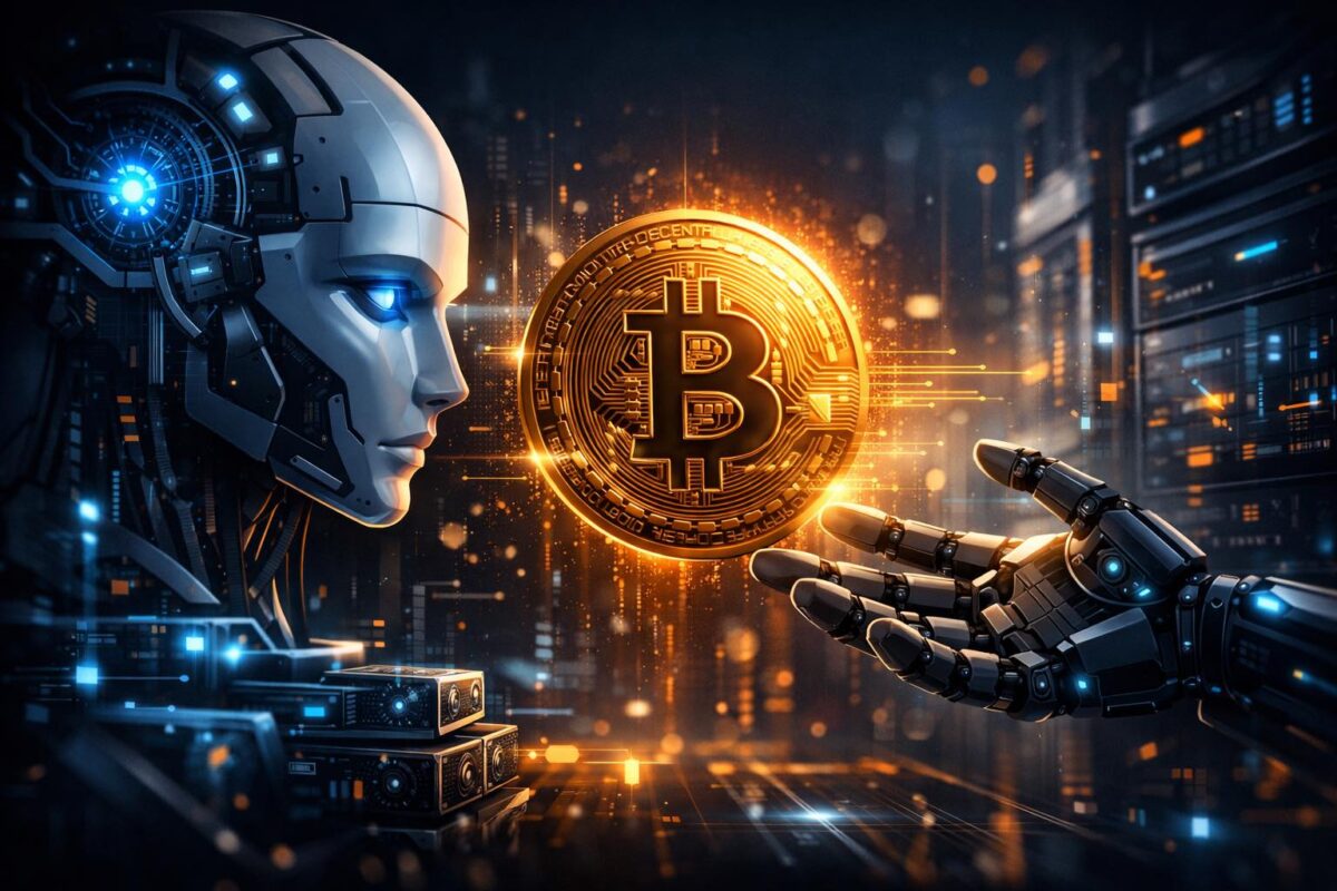 Bitcoin for AI concept art showing artificial intelligence and Bitcoin as a payment layer