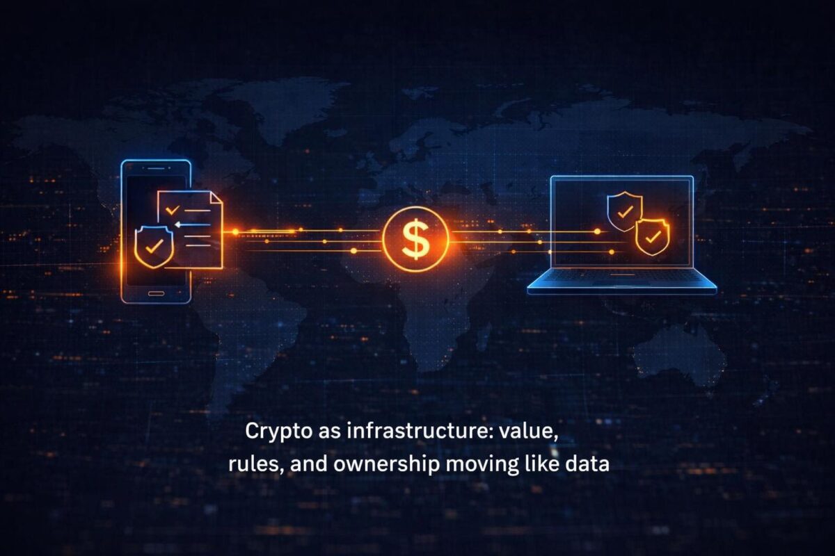 Crypto payments illustration showing value moving securely between devices across a global network