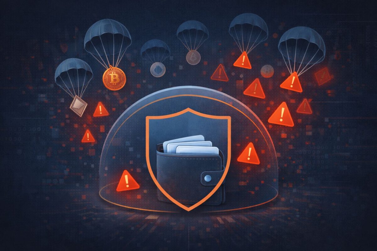 illustration of crypto airdrop scams with warning icons falling toward a protected wallet