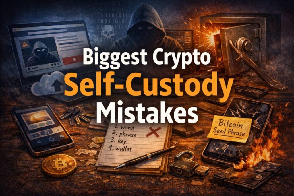 Illustration showing the biggest crypto self-custody mistakes, including insecure backups, phishing risks, and damaged devices, in a dark cinematic Bitcoin style.