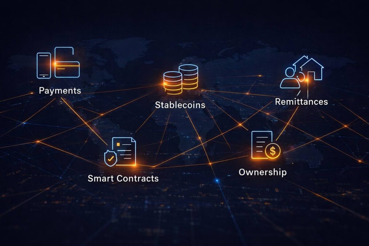 Digital illustration showing real-world uses of cryptocurrency including payments, stablecoins, smart contracts, remittances and ownership