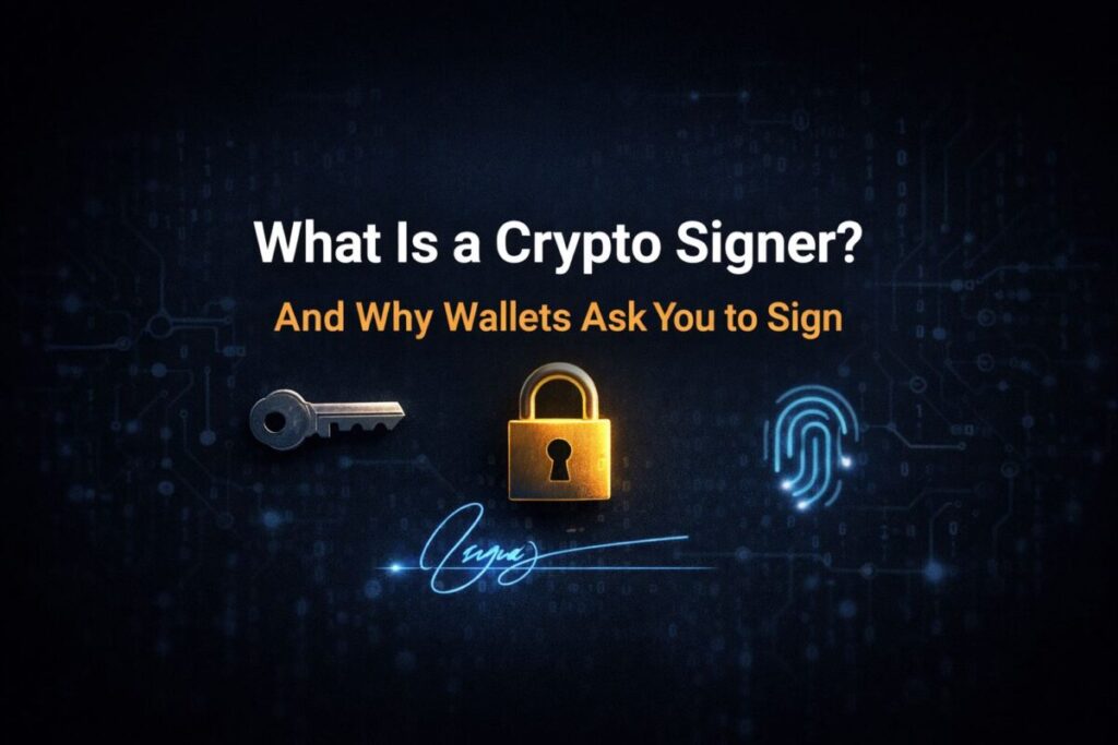 Featured image for ‘What Is a Crypto Signer?’ showing a digital key, lock, fingerprint and signature on a dark crypto security background.
