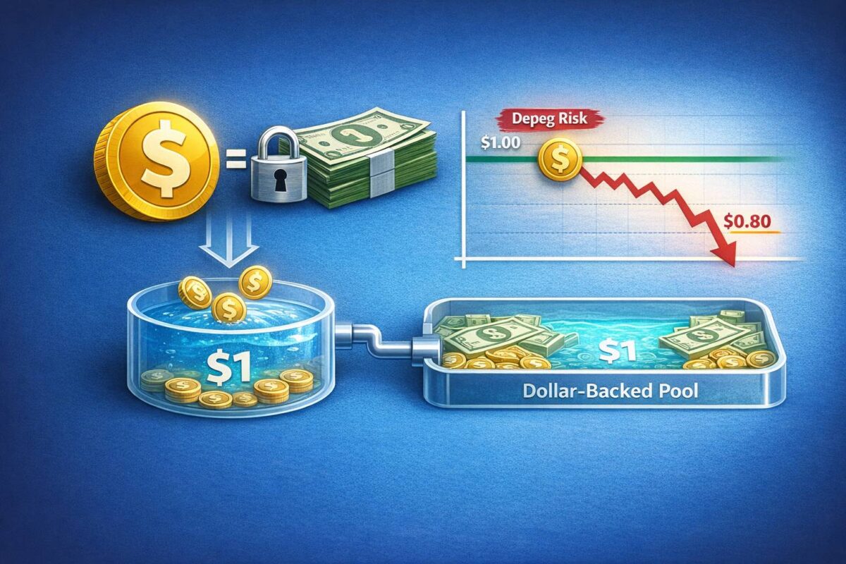 Stablecoin peg and depeg concept with dollar value drifting away from $1