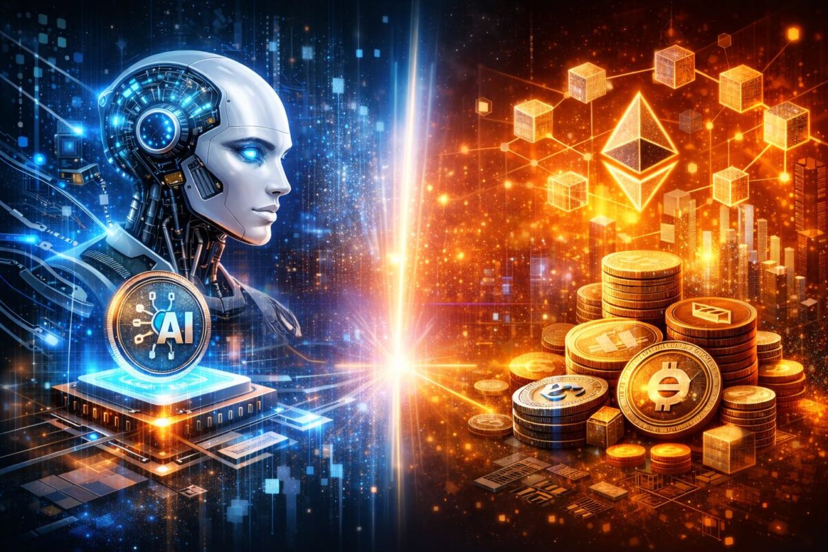Futuristic illustration showing an AI robot and blockchain cryptocurrency networks in contrasting blue and orange tones