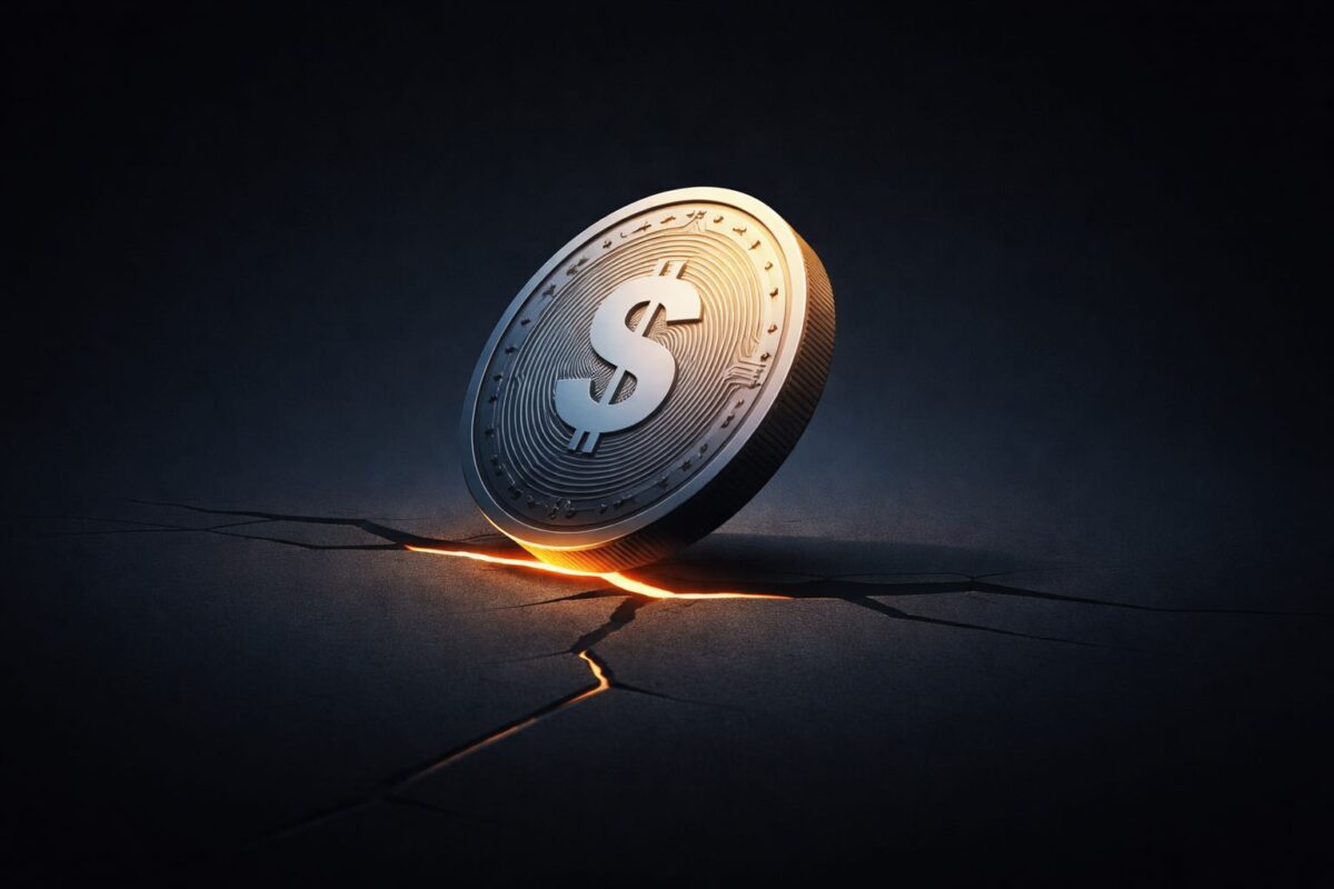 Illustration showing stablecoin instability with a cracked foundation symbolising stablecoin risks