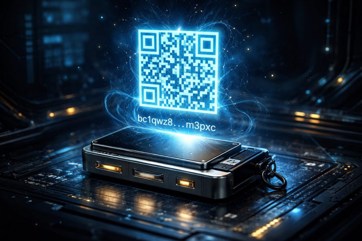 Illustration of a crypto wallet address and QR code on a hardware wallet device