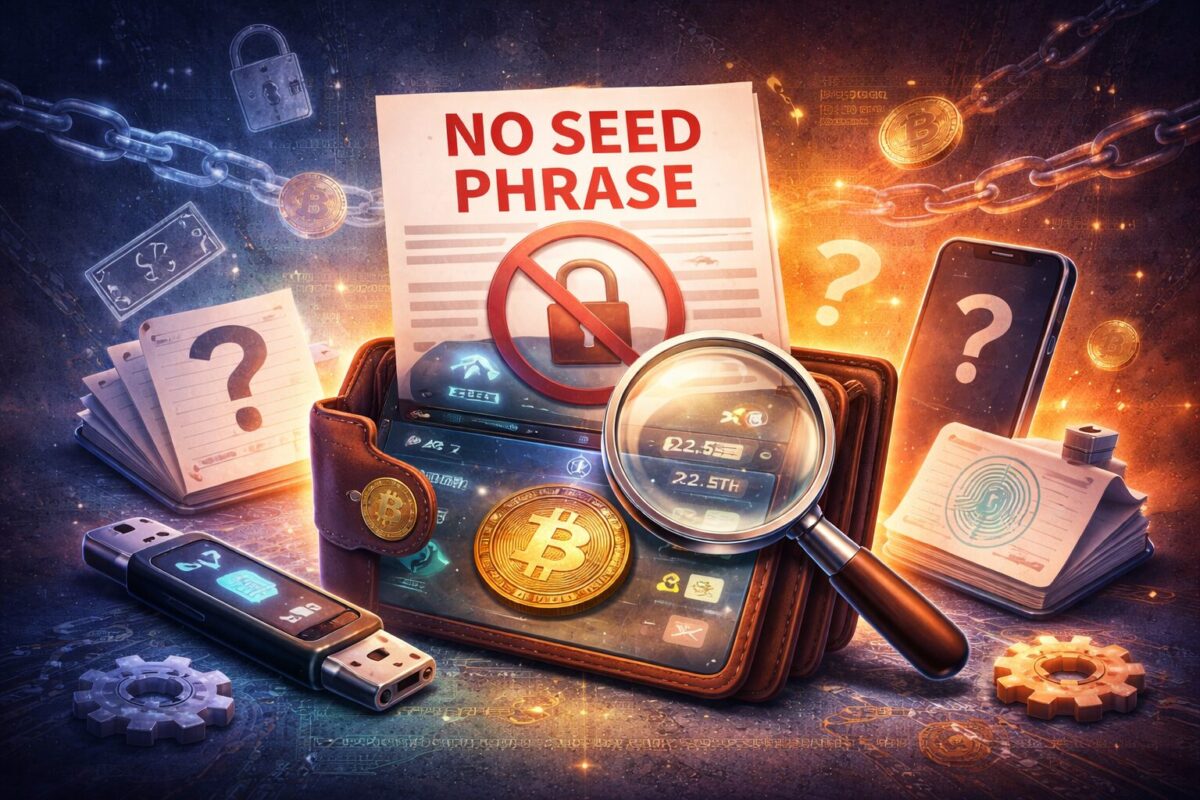 Concept illustration showing crypto wallet recovery challenge without a seed phrase