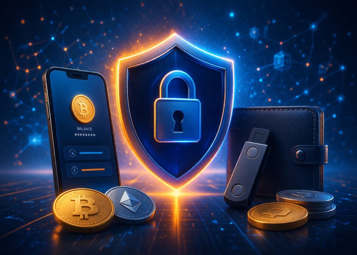 Crypto security illustration showing protection across exchanges and wallets