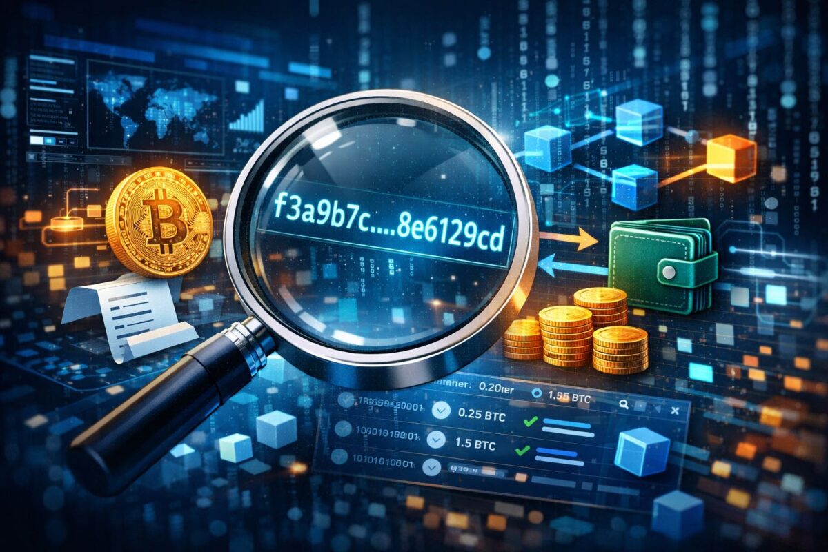 Illustration showing a crypto transaction ID being tracked on a blockchain explorer