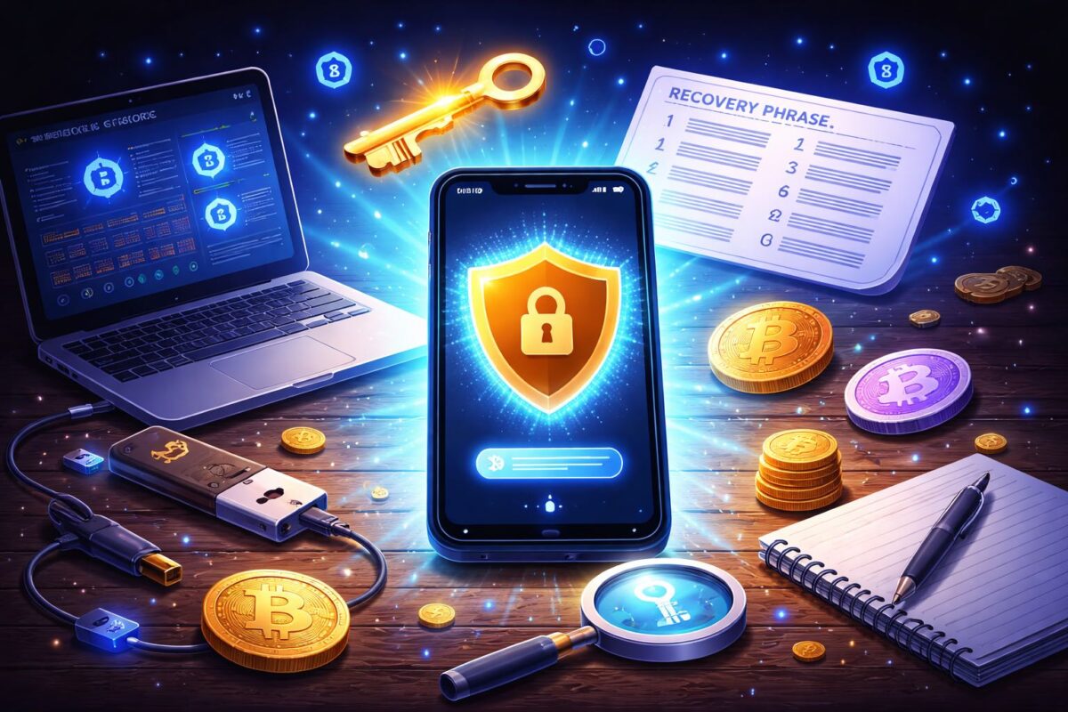 Crypto wallet recovery concept showing secure restoration using recovery phrase backup