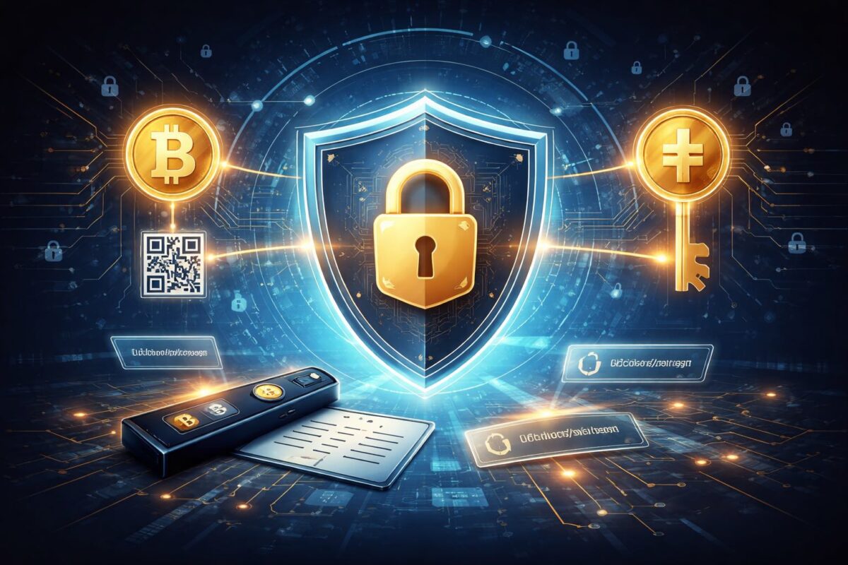 Illustration explaining public keys, private keys and crypto addresses used in cryptocurrency wallets
