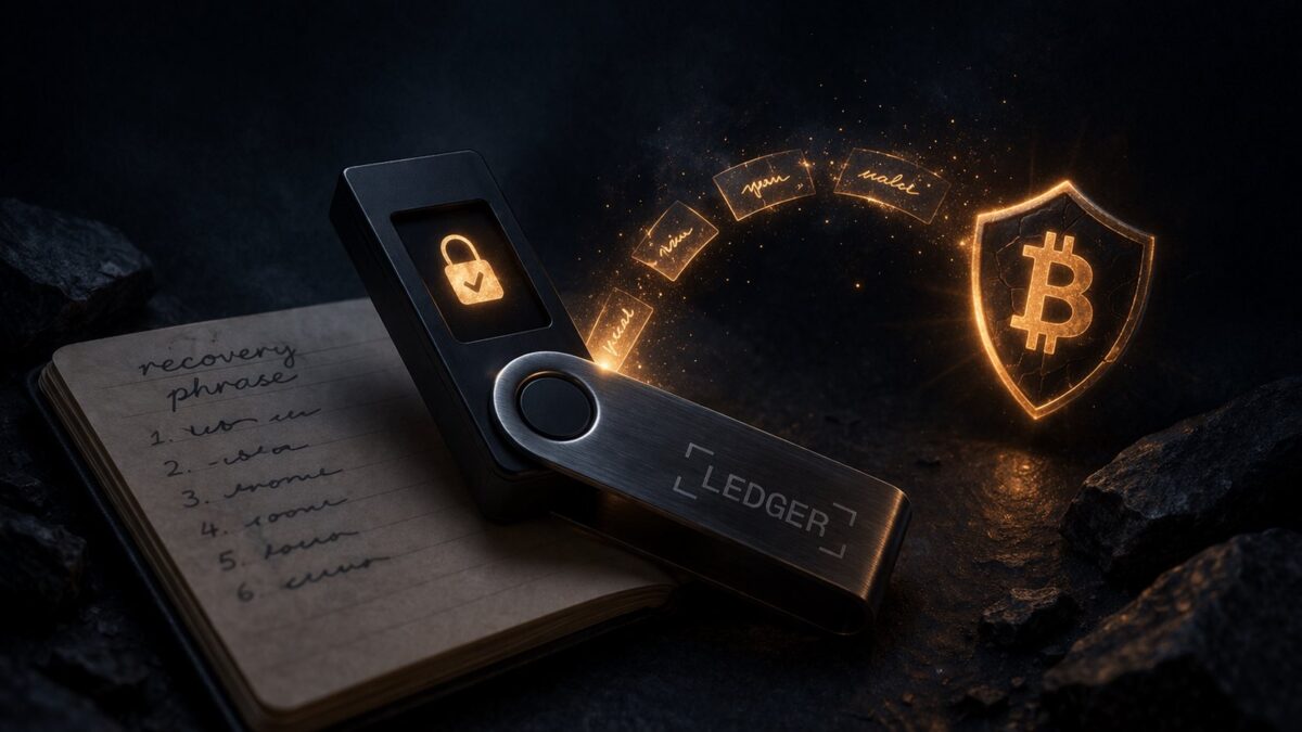 Ledger hardware wallet with recovery phrase concept representing secure crypto wallet restoration
