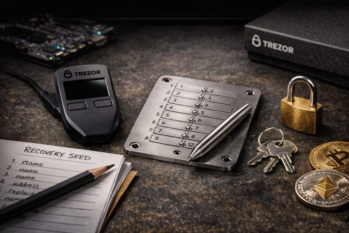 Trezor hardware wallet used for secure crypto wallet recovery using recovery phrase backup