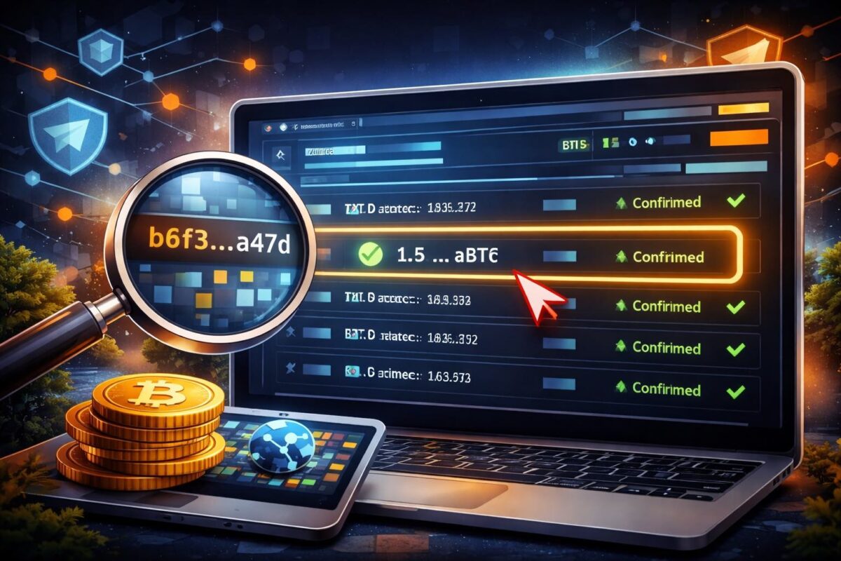 Illustration showing how to track a crypto transaction using a TXID on a blockchain explorer