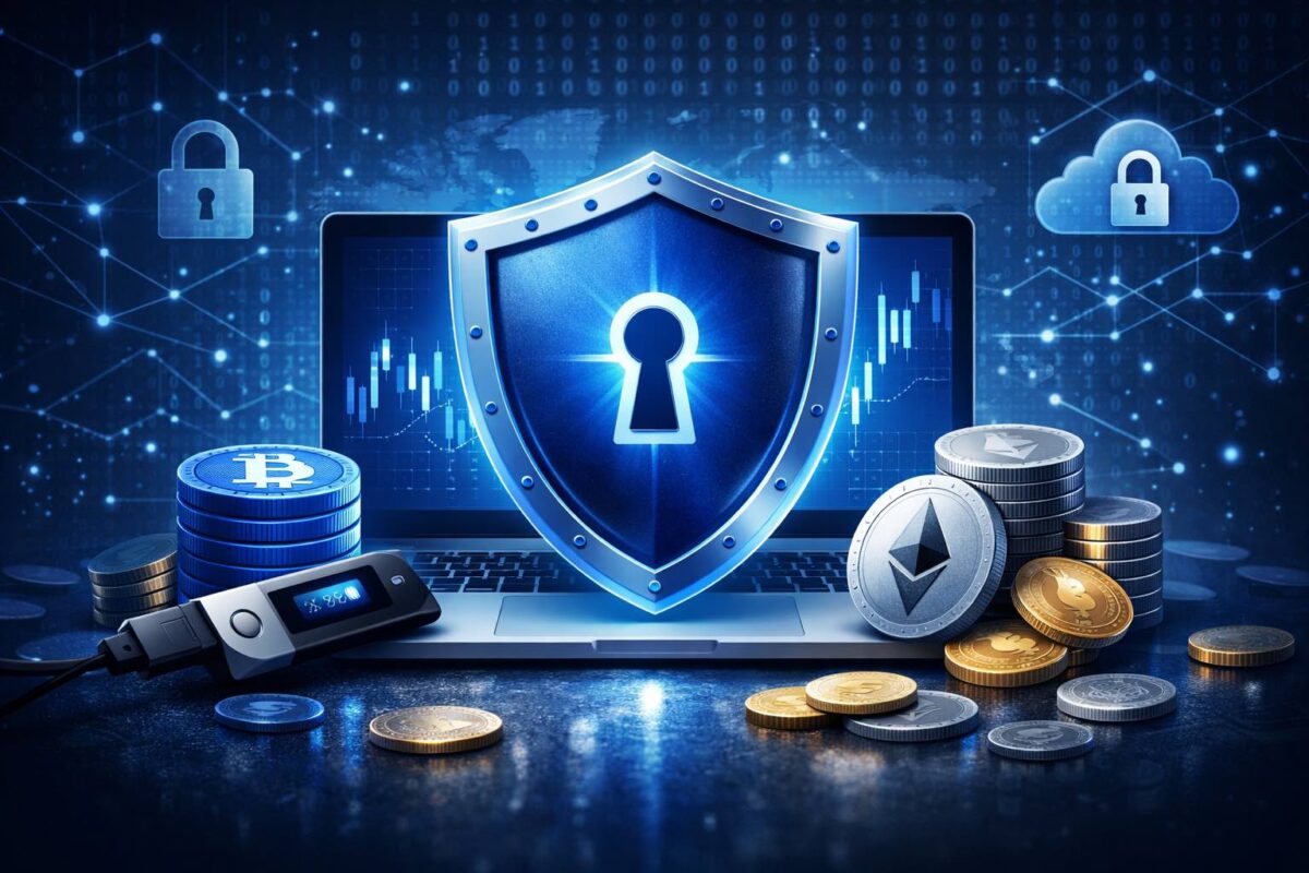 CoinSpot crypto exchange security concept showing shield protection and digital asset safety