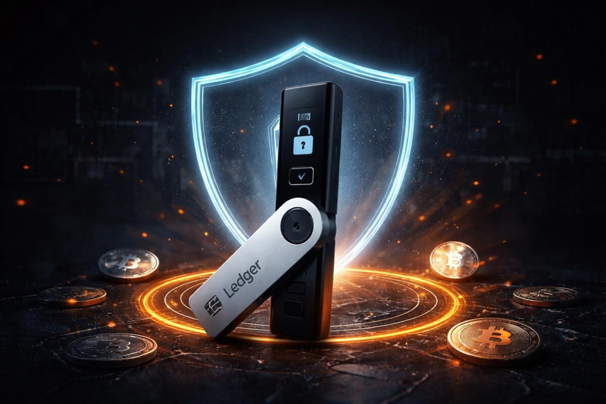 Ledger hardware wallet security illustration with digital shield concept