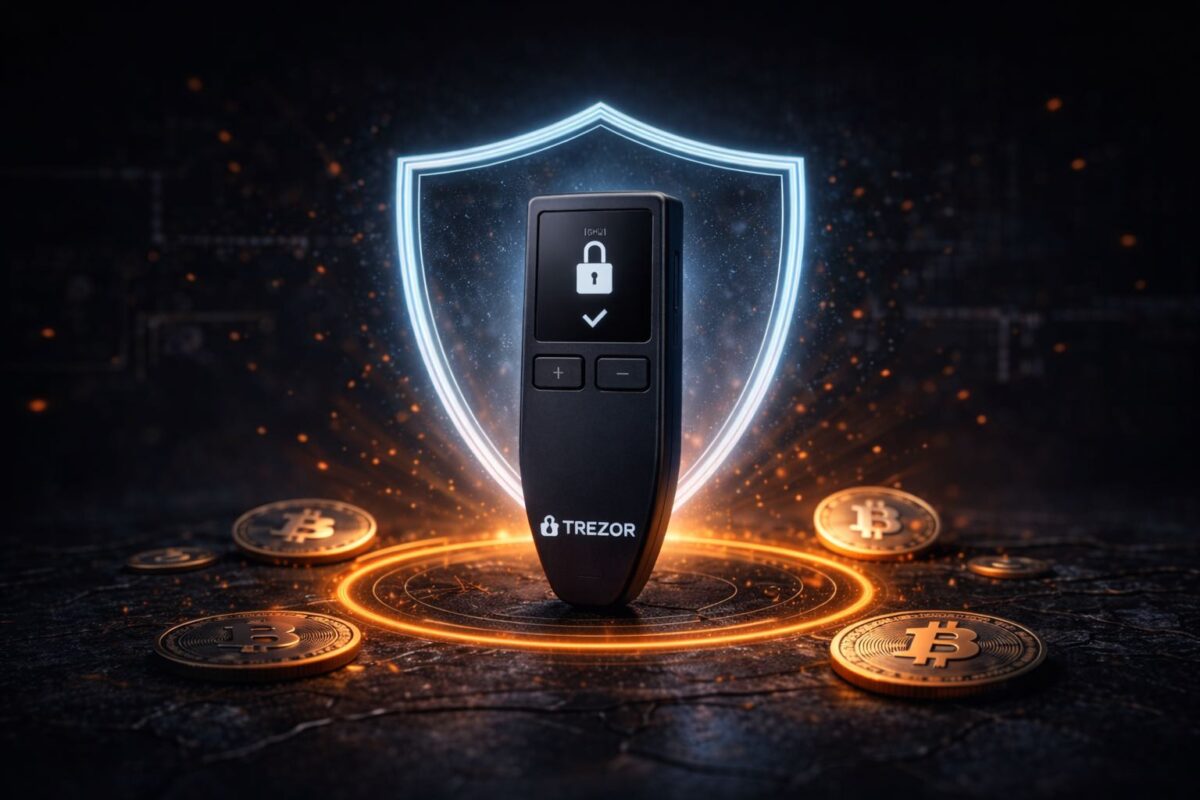 Trezor hardware wallet protected by digital security shield illustration