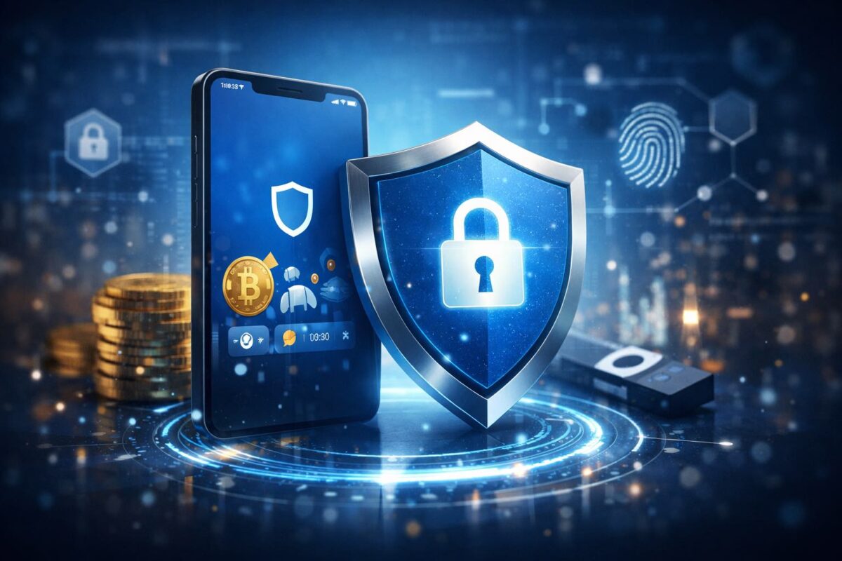 Trust Wallet mobile crypto wallet security concept with digital shield protection illustration
