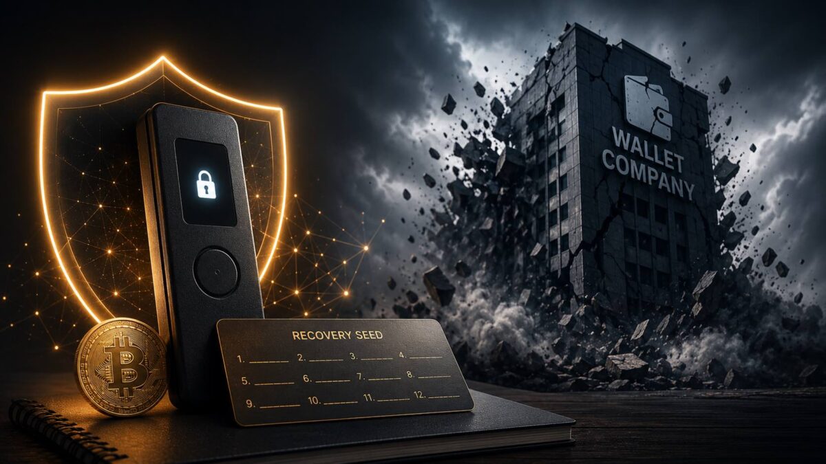 Illustration of a secure crypto hardware wallet and recovery seed remaining protected while a crypto wallet company collapses in the background